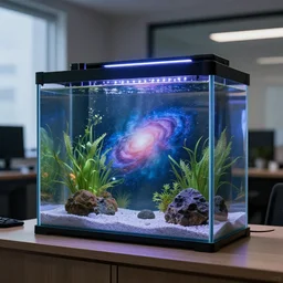 a fish tank in an office, the fish tank is a new galaxy, trending on artstation, 4 k, 8 k, unreal engine, octane render, highly detailed, high quality