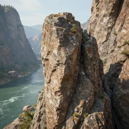 a closeup photo of a rock tower! dream a closeup photorealistic photograph of a rock tower next to the mountain river, fantastic four theme. bright scene. fine detail. this 4 k hd image is trending on artstation, featured on behance, well - rendered, extra crisp, features intricate detail, epic composition and the style of unreal engine.