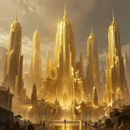 a matte painting of beautiful religious golden science fiction city, cinematic lighting, hd, atmospheric, hyper detailed, trending on artstation, deviantart, digital painting, concept art smooth sharp focus illustration, art by artgerm, greg rutkowski, delphin enjolras and raoul marks