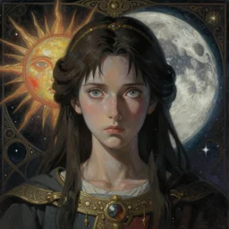 breathtaking detailed concept art painting of the goddess of the universe, orthodox saint, with anxious, piercing eyes, ornate background, sun on left moon on right, by Hsiao-Ron Cheng, James jean, Miho Hirano, Hayao Miyazaki, extremely moody lighting, 8K