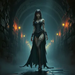 an elegant beautiful gothic princess in a dungeon, very tight corset, high heels, full body, style of ilya kuvshinov, greg rutkowski, anna dittmann, masterpiece, very high quality, dark, intricate, high resolution