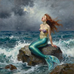 oil painting of mermaid sitting on a rock being lashed by waves and singing, stormy weather, ocean