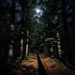 Photograph of moonlight casting shadows in the woods