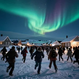 filmic extreme wide shot movie still 4 k uhd exterior shot 3 5 mm film color photograph of a crowd of people people running in terror around a village in the antarctic at night with the northern lights lighting up the sky, in the style of the horror film the thing 1 9 8 2