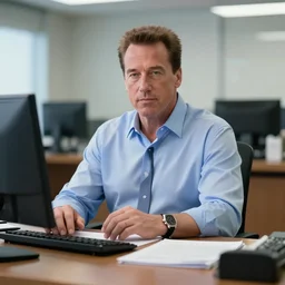 arnold schwarzenegger, arnold schwarzenegger as conan the barbarian sitting at a desk, as an office worker, in an office, inside an office building, sitting at a desk, angrily shouting at a laptop, angry at laptop, laptop computer, computer trouble, technical difficulties, software error, crisp lighting