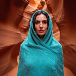 closeup portrait of a woman wrapped in turquoise fiber, standing in antelope canyon in arizona, color photograph, by vincent desiderio, canon eos c 3 0 0, ƒ 1. 8, 3 5 mm, 8 k, medium - format print