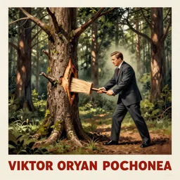 soviet propaganda poster of viktor orban chopping a tree, forest in the background