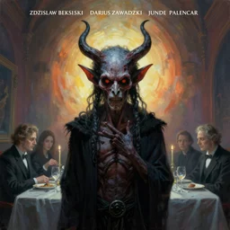 the devil came for us, by zdzislaw beksinski, by dariusz zawadzki, by john jude palencar, gothic, surrealism, cosmic horror, lovecraftian, cold hue's, warm tone gradient background, concept art, first person view, scene in dining room, beautiful composition