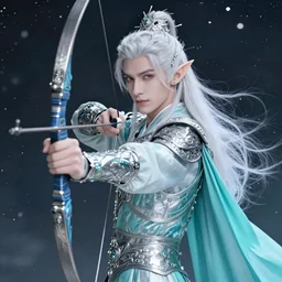 a stunningly beautiful portrait of a handsome male snow elf in a turquoise cape and silver ornate armour as an archer, albino skin, pale pointed ears, ethereal opalescent mist, moonlight snow, perfect face, elegant, very coherent symmetrical artwork, atmospheric lighting, rule of thirds, by wenjun lin, krenz cushart, charlie bowater, trending on artstation
