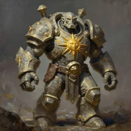 tall bulky warforged made from stone with a sun symbol engraved on the center of the chest, that looks like karn from magic the gathering, full body portrait, protective stance, dungeons and dragons, fantasy, full body portrait, detailed, oil painting,