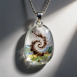 a clear glass pendant with bird poop swirled into it, beautiful necklace