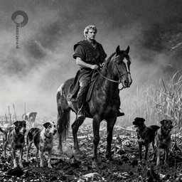 a movie still of marcus aurelius on a horse and dogs in a snowy swamp by night, cinestill 8 0 0 t 3 5 mm b & w, heavy grain, high quality, noir, natural textures, photorealistic, natural textures, ambient occlusion, hd, fog, mud, criterion collection