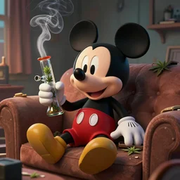 mickey mouse holding a glass bong for smoking cannabis and sitting on a couch in a messed up apartment, amazing digital art, highly detailed