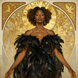 portrait painting of a stunning proud empress, artstation, mymodernmet, by ben enwonwu, by alphonse mucha, gold foil aureola, black dress of iridescent feathers, divine, saint, mixed media