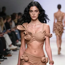 olivia wearing an outfit made from pottery, at new york fashion week, lush black hair, freckles, attractive sporty physique, pale skin, photo by greg rutkowski, stage lighting, soft colors, female beauty, intricate detail, risque fashion, elegance, 3 5 mm, depth of field, masterpiece