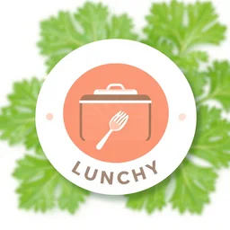 Logo for lunch delivery, parsley branches in the background, natural food. Circle shaped. Salmon colours, vector art