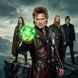 portrait face head handsome david cross sorcerer of the northern winds wearing a leather doublet brandishing a glowing green orb whilst standing on a cliff Jean Sebastien Rossbach jana schirmer jeff simpson greg staples