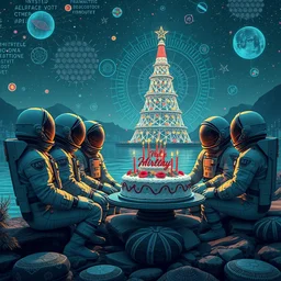 twelve cosmonauts sitting by the river with and big holiday cake + retro futuristic poster cybernetic pattern nano enhancements, gradient space graphics in background, close up, quint buchholz, wlop, dan mumford, artgerm, liam brazier, peter mohrbacher, raw, featured on artstation, octane render, cinematic, elegant, intricate, 8 k