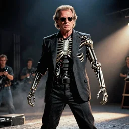 Jack Nicholson plays Terminator, epic action scene where his endoskeleton gets exposed, still from the film, cinematic, 80s