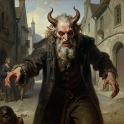 a demonic old man stands in the middle of a medieval street and turns into something terrible, close - up, painting by gaston bussiere, craig mullins, j. c. leyendecker, 4 k, 8 k, trending on artstation, artstationhd, artstationhq, highest detail