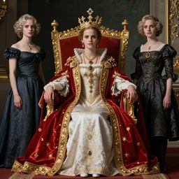 regal Emma Watson sitting on queens throne royalty wearing royal mantle gold jewelry by alex ross by moebius and atey ghailan by james gurney by vermeer by George Stubbs