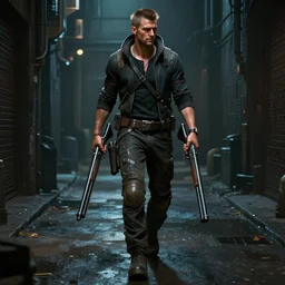 a detailed full body painting of an extremely handsome jensen ackles as the terminator walking down a dark alley in cyberpunk 2 0 7 7, holding two sawed off shotguns, volumetric lighting, octane render, 8 k, art by greg rutkowski and albert bierstadt and alphones mucha