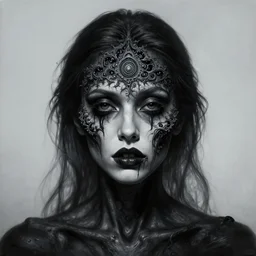 dramatic matte portrait painting of woman with black mandelbrot fractal instead of face, horror, body horror, dark art, 4 k, detailed, realistic, psychotic, insane, crazy, mental illness, dramatic,