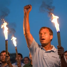 photograph of geert wilders raising a fist in the air and leading an angy torch - wielding mob, vandalizing amsterdam, shouting, crazy eyes, atmospheric lighting, by joel meyerowitz, by saul leiter