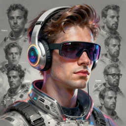 future coder man looking on, sleek cyclops glasses display goggles over eyes and sleek bright headphoneset, neon accent lights, holographic colors, desaturated headshot portrait digital painting by dean cornwall, rhads, john berkey, tom whalen, alex grey, alphonse mucha, donoto giancola, astronaut cyberpunk electric