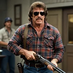 film still of Randy Savage as Nada wearing a flannel shirt and sunglasses and holding a shotgun with a bandolier in Bank scene in They Live 1988