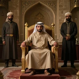 the great shaghan of al - bakha named ashal akh sigharen sitting in his dimly lit throne room with guards standing by his side