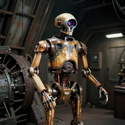 film still from star wars, ig - 1 1 assassin droid working in a dimly lit industrial junk engine room. interior set design photograph by gilbert taylor