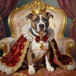 the royal king's pitbull puppy by greg hildebrant lisa frank vaporwave fancy rococo baroque regal oil painting high quality award winning clothed in fancy garb