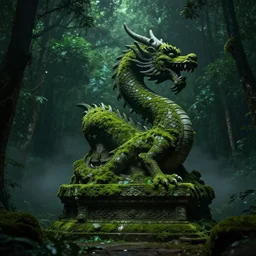 Statue of a dragon overgrown with moss ancient temple ruin in a dark lush green forest, dark night, glowing particles, volumetric fog, by Stanley Artgerm Lau, WLOP, trending on ArtStation, CGSociety, concept art, cgsociety, octane render, trending on artstation, artstationHD, artstationHQ, unreal engine, 8k