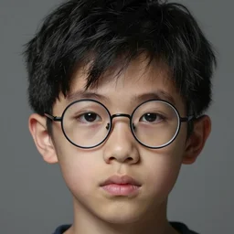 portrait of a boy, black hair, chaotic hair, rounded glasses, detailed, hyperrealistic, realistic, symmetrical, close up, by anato finnstark, by alena aenami, by john harris, by ross tran, by wlop, by andreas rocha, by artgerm