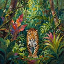 deep in the jungle with exotic plant life, colorful tropical plants, natural botanical gardens, vines along the jungle floor, a panthers eyes staring at the camera, acrylic painting by nick garbutt, artstation, concept art, award winning,