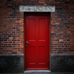 A photo of a closed red wooden door and a wall of bricks, eery and misterious