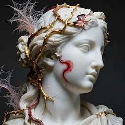 photorealistic white marble greek goddess face profile sculpture entwined by golden and crimson vines and roots, flesh shows at some parts under the broken marble, swirling liquified meat and red kintsugi, symbolist, visionary, etheric, entwined with iridiscent fractal lace, alien botanicals, cinematic composition, cinematic lighting,