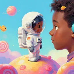 wide - angle profile face portrait of a tin toy of a black boy dressed like an astronaut on a candy planet, nicoletta ceccoli, mark ryden, lostfish, max fleischer, alan bean, hyper realistic, artstation, illustration, lowbrow, surreal, digital paint, matte paint, vivid pastel synthwave colors, bright, cheerful, detailed and intricate environment