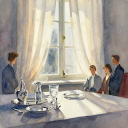 abstract watercolor painting of sunlight through curtain window, silverware and glass, cinematic light, national romanticism by hans dahl, by jesper ejsing, by anders zorn, concept art, sharp focus, illustration, art by artgerm and greg rutkowski and magali villeneuve