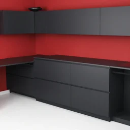 photo of black, matte kitchen fronts surfaces and furniture, red walls at the back, white floor tiles on the ground, architecture, concept art