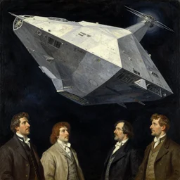 a painting by john harris, barlowe wayne, maxfield parrish, gustave dore and marco mazzoni. deep space. a gaint spaceship in geometric shape. hyper detailed.