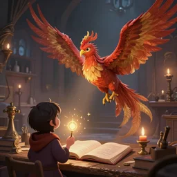 a curious phoenix watching a wizard study magic in a mage's workshop, soft lighting, mythical phoenix, digital art trending on artstation