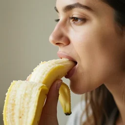 close up photography of a woman that is about to bite into a banana, profile, close camera