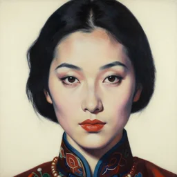 hyperrealism close - up portrait of a beautiful slavic woman, ivory background, in traditional chinese art style, pop art, by roy liechtestein, by andy warhol, canvas, acrylic paint, dark and dull palette