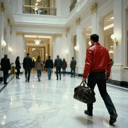 Bank interior elegant bank fancy white marble flooring reflective. blade runner 2049 movie still. robbery in progress. cyberpunk man red leather jacket carrying duffle bag holding shotgun. 2017 movie still 35mm wide angle lens