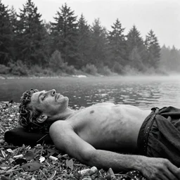 1 9 6 0 s movie still by tarkovsky close up of a skinny emperor marcus aurelius laying down on the danube's shore pine forests, cinestill 8 0 0 t 3 5 mm b & w, high quality, heavy grain, high detail, cinematic composition, dramatic light, anamorphic, hyperrealistic, very foggy, by irving penn