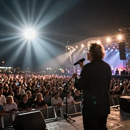 raimondo vianello giving a speech in front of a huge crowd at a metal concert