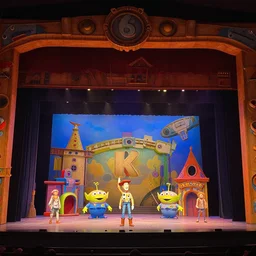 photo of a huge theaterstage, theaterplay is toystory, 3 actors on stage, 8 k, multicolored, exaggerated detailed, long shot