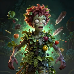 portrait of a teenage zombie dissolving into foliage, botanicals, fruit and feathers, highly detailed, dynamic lighting, vivid colors, ambient glow, fantasy art, in the style of arimboldo, cartoonish, whimsical